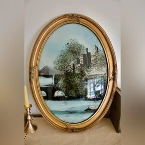 Antique Oval Framed Reverse Painting Convex Bubble Glass “On The Thames”